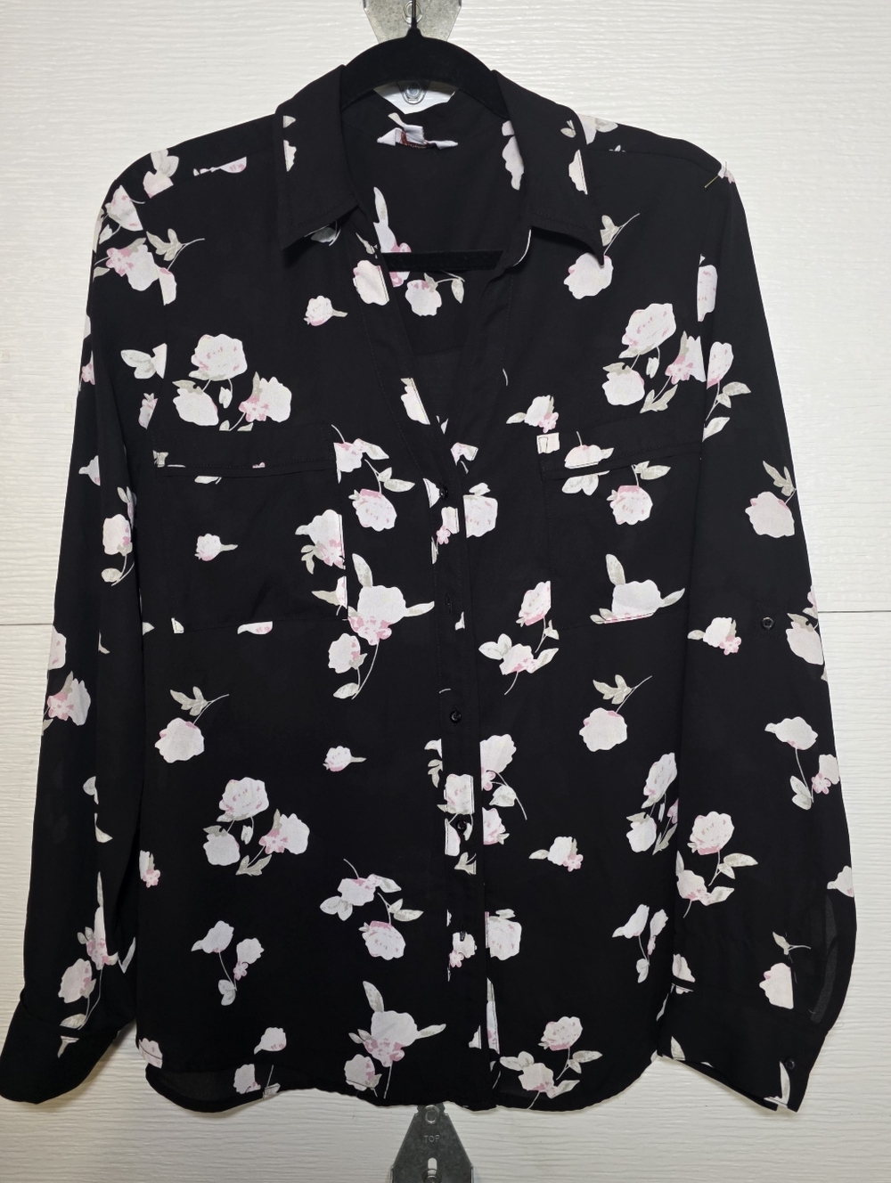 Candie's Black Blouse with Pink and Cream Floral Print